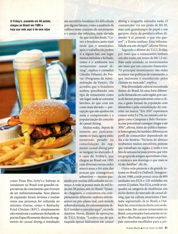 Matéria sobre as redes de casual dinner no Brasil - Revista Forbes Brasil